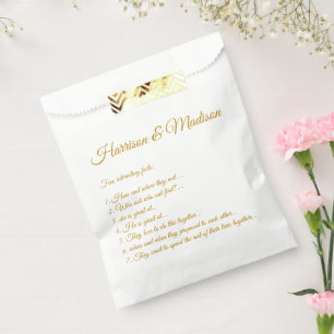 Elegant dark gold custom script couple fun facts favour bag