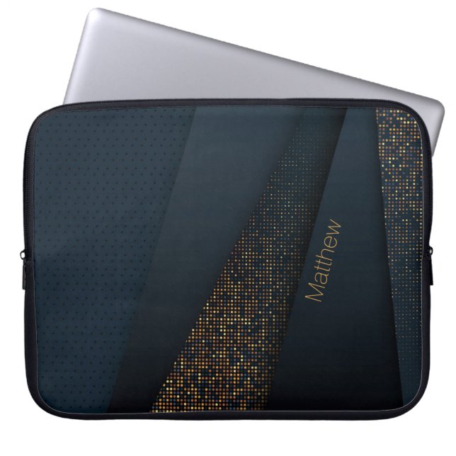 Elegant Dark-Gold Halftone Pattern and Custom Name Laptop Sleeve (Front)