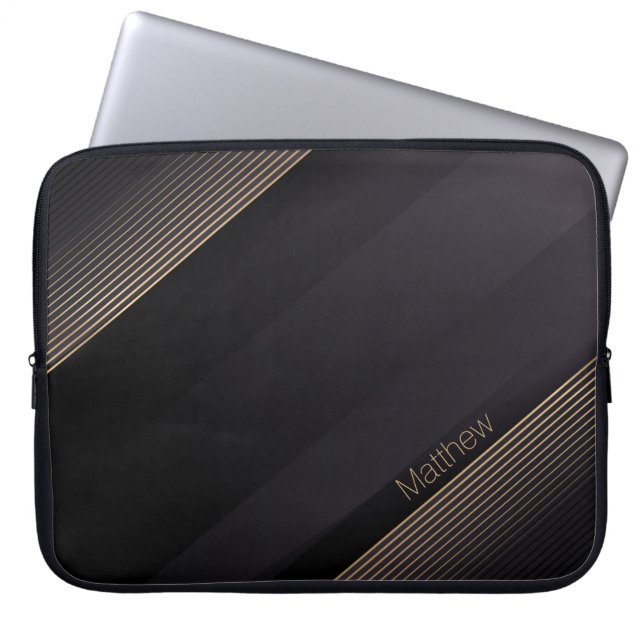 Elegant Dark-Gold Lines with Custom Name Laptop Sleeve (Front)