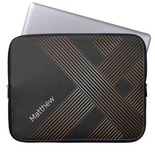 Elegant Dark-Golden Lines with Custom Name Laptop Sleeve