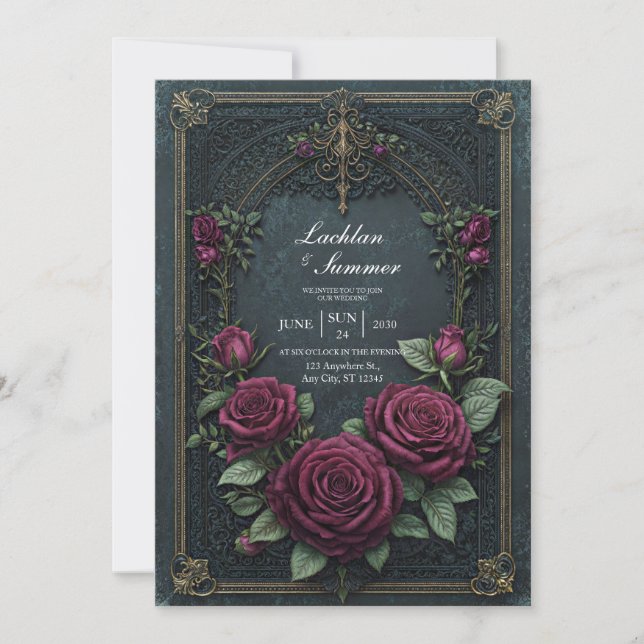 Elegant Dark Gothic Burgundy Rose Arched Wedding Invitation (Front)