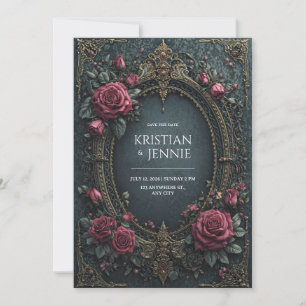 Elegant Dark Gothic Burgundy Rose Oval Wedding Invitation