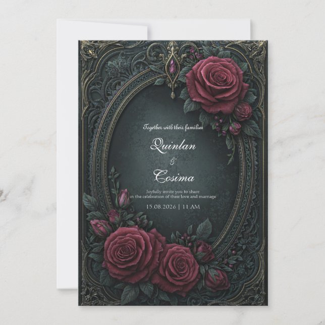 Elegant Dark Gothic Burgundy Rose Oval Wedding Invitation (Front)