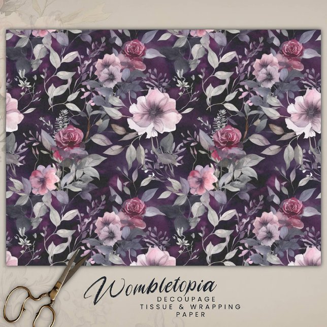 Elegant Dark Gothic Purple & Pink Roses Decoupage Tissue Paper (Creator Uploaded)