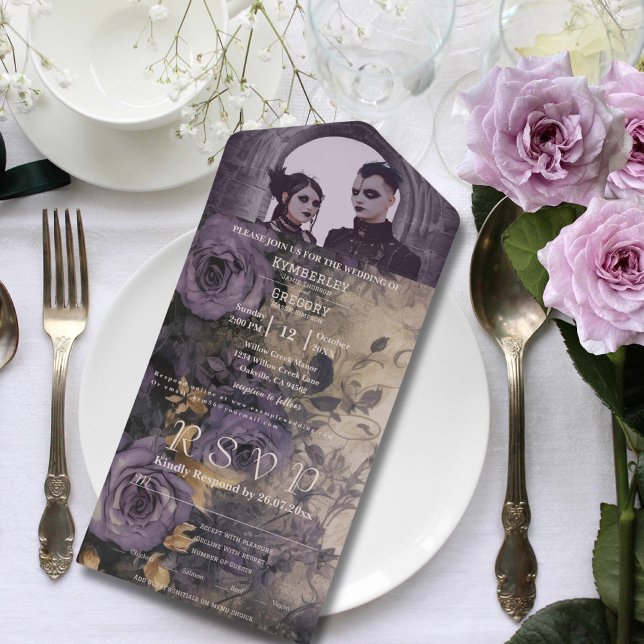 Elegant Dark Gothic Purple Rose One Photo All In One Invitation (Creator Uploaded)