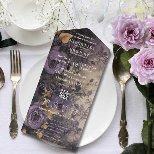 Elegant Dark Gothic Purple Rose QR Code All In One Invitation
