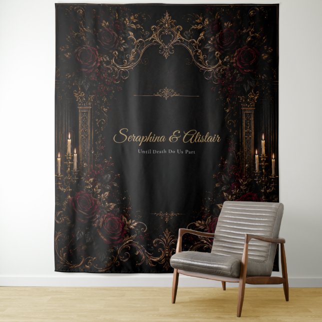 Elegant Dark Gothic Wedding Backdrop Tapestry (In Situ)