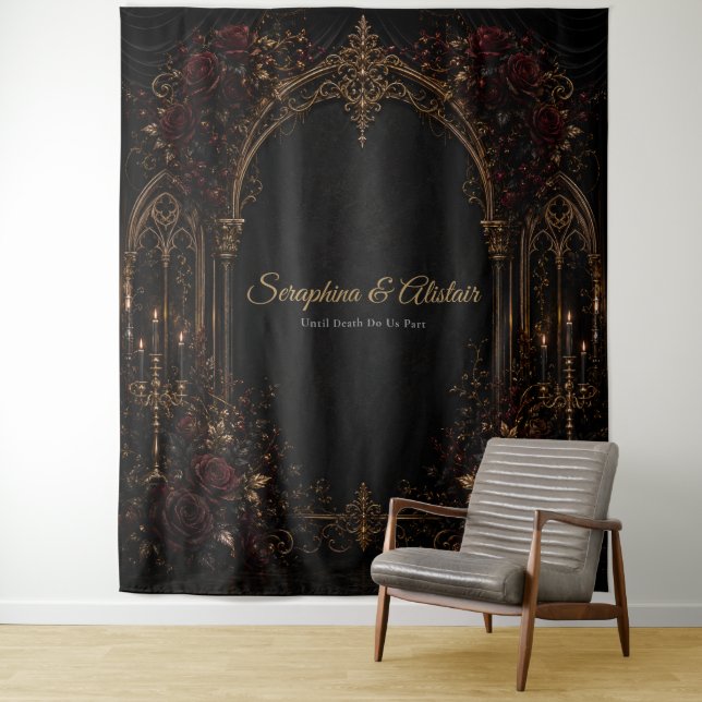 Elegant Dark Gothic Wedding Backdrop Tapestry (In Situ)