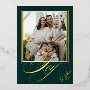 Elegant Dark Green and Gold Christmas Script Photo Foil Holiday Card