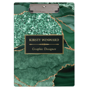 Elegant Dark Green and Gold Glitter Ocean Agate Clipboard