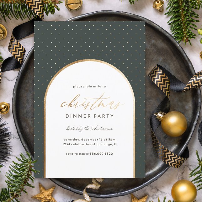 Elegant Dark Green Arch Christmas Dinner Party Invitation (Creator Uploaded)