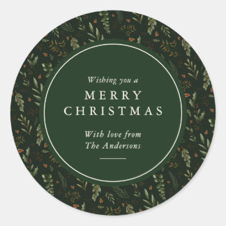 Elegant Dark Green Botanical Merry Christmas Gift Classic Round Sticker