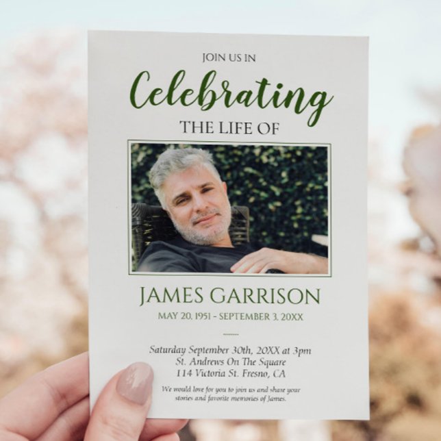 Elegant Dark Green Celebration of Life Photo Invitation (Creator Uploaded)
