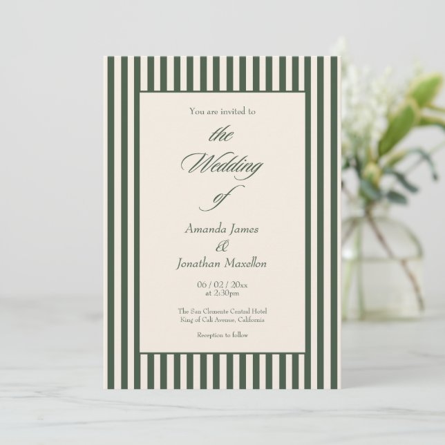 Elegant Dark Green Cream Vertical Stripes Wedding Invitation (Standing Front)