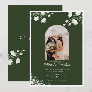 Elegant Dark Green Floral Photo Wedding Invitation