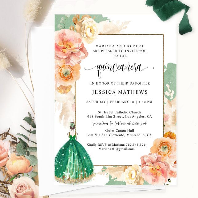 Elegant  Dark Green Floral Princess Quinceañera Invitation (Creator Uploaded)