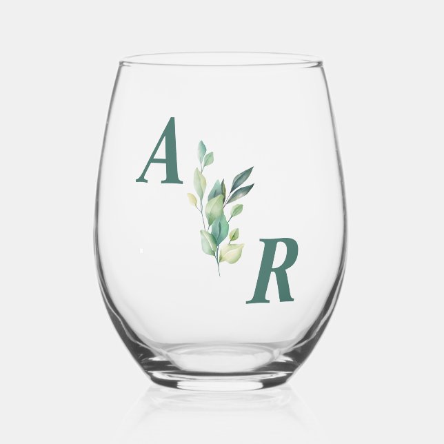 Elegant Dark Green Floral Wedding Stemless Wine Glass (Front)