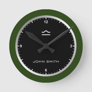 Elegant Dark Green Frame Zodiac Sign Name Custom   Round Clock