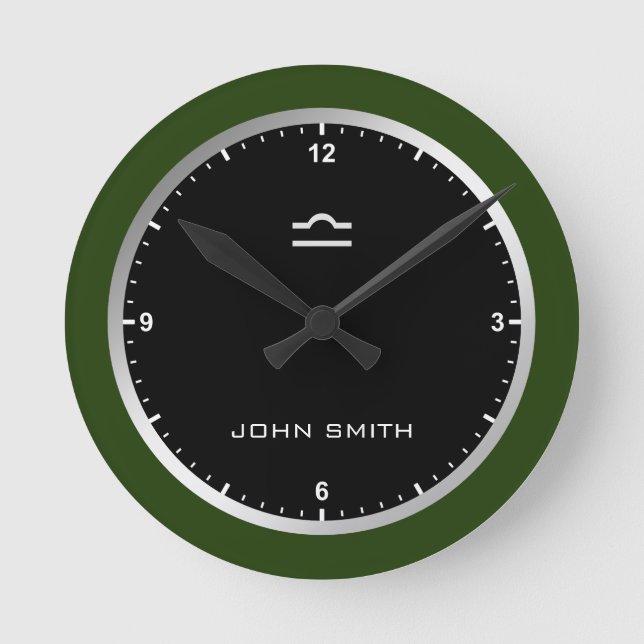 Elegant Dark Green Frame Zodiac Sign Name Custom   Round Clock (Front)