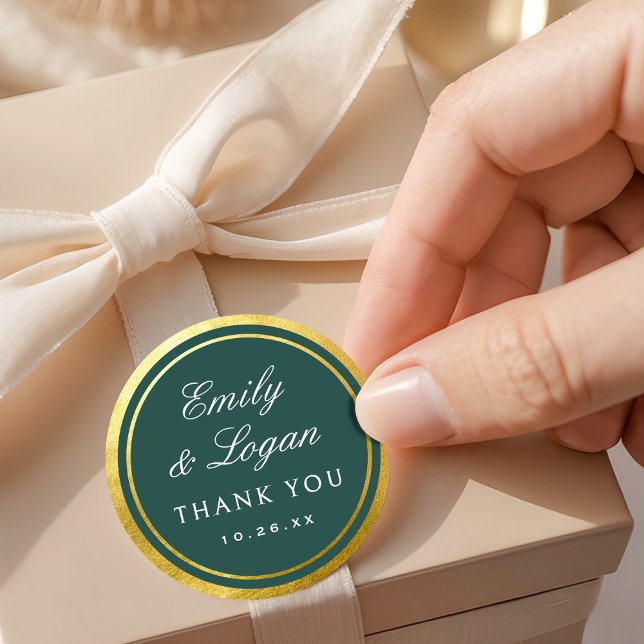 Elegant Dark Green Gold Border Wedding Classic Round Sticker (Creator Uploaded)