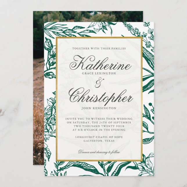 Elegant Dark Green Gold Botanical Photo Wedding Invitation (Front/Back)