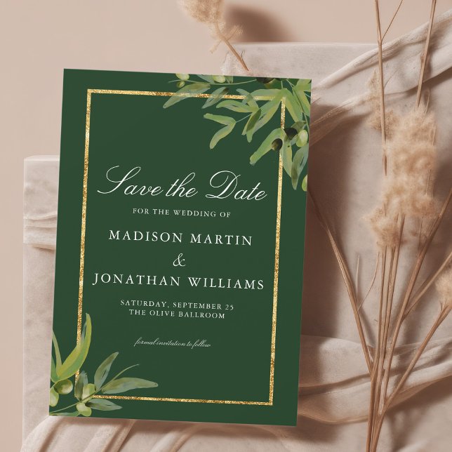 Elegant Dark Green Gold Botanical Save the Date Invitation (Creator Uploaded)