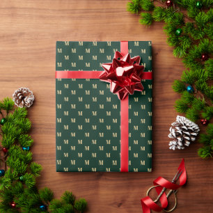 Elegant dark green gold custom monogram initial wrapping paper
