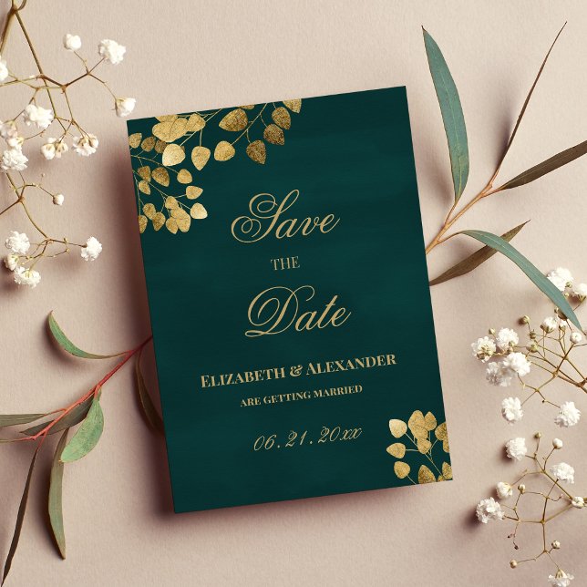 Elegant dark green gold eucalyptus Save the Date Invitation (Elegant dark green gold eucalyptus Save the Date )