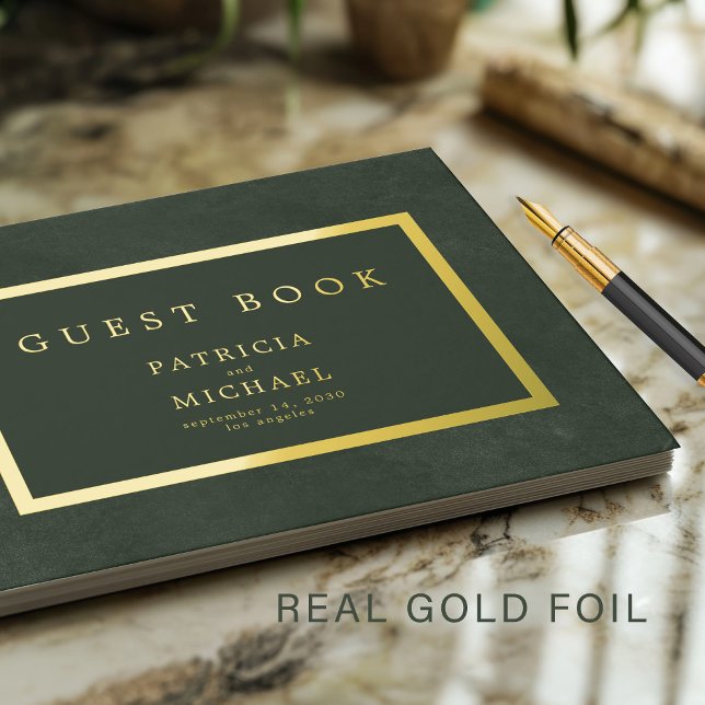 Elegant dark green gold foil typography wedding guest book (Creator Uploaded)