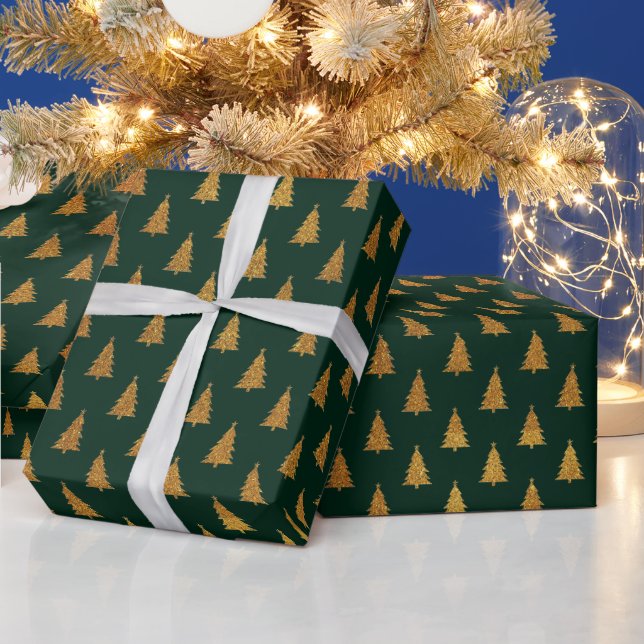 Elegant dark green gold glitter Christmas trees Wrapping Paper (Holidays)