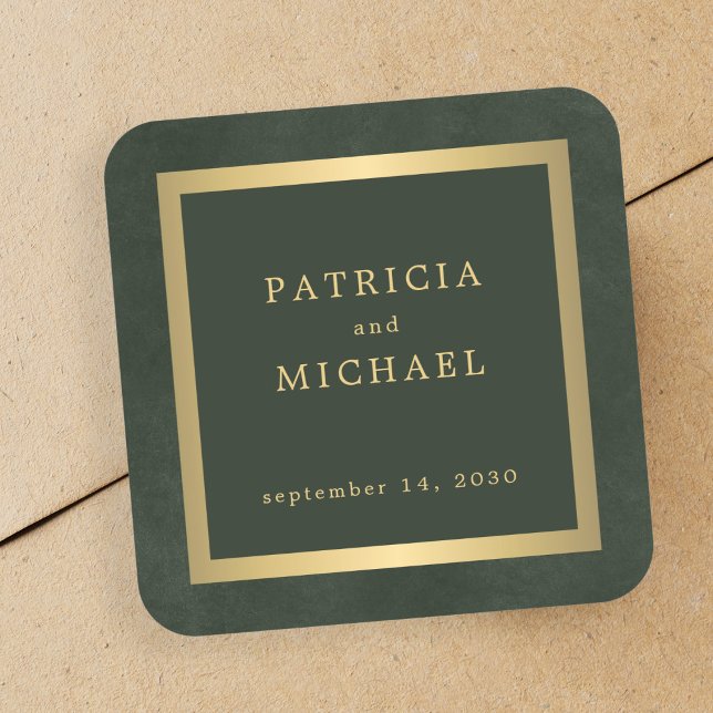 Elegant dark green gold personalised wedding  square sticker (Creator Uploaded)