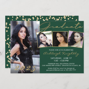 Elegant Dark Green Gold Script 4 Photo Graduate Invitation