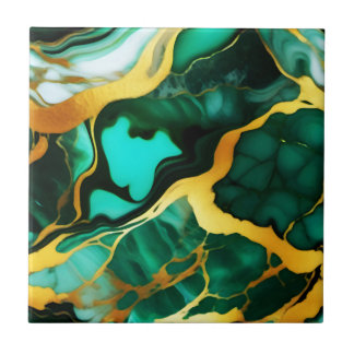 Elegant dark green golden yellow Faux Marble Ceramic Tile
