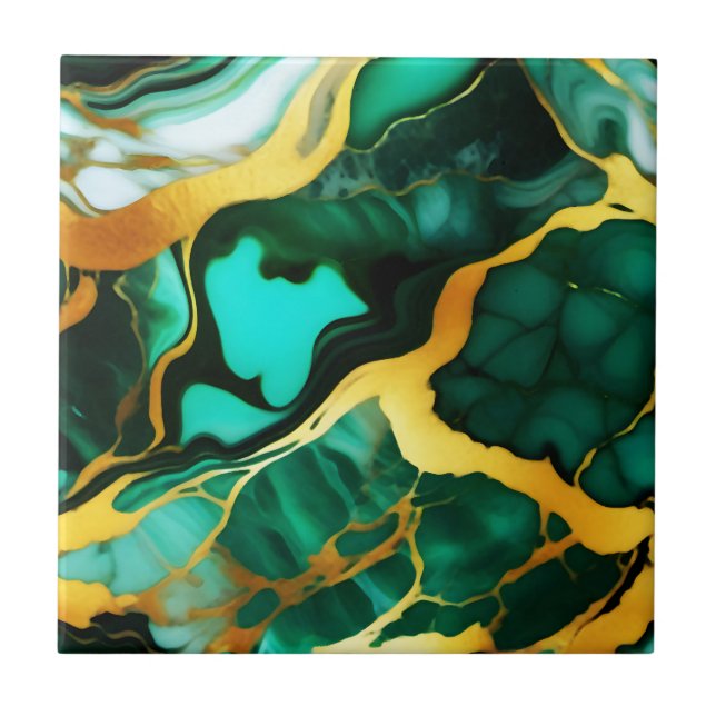 Elegant dark green golden yellow Faux Marble  Ceramic Tile (Front)