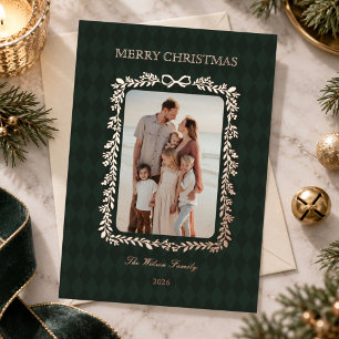 Elegant Dark Green Harlequin Botanical Christmas Foil Holiday Card