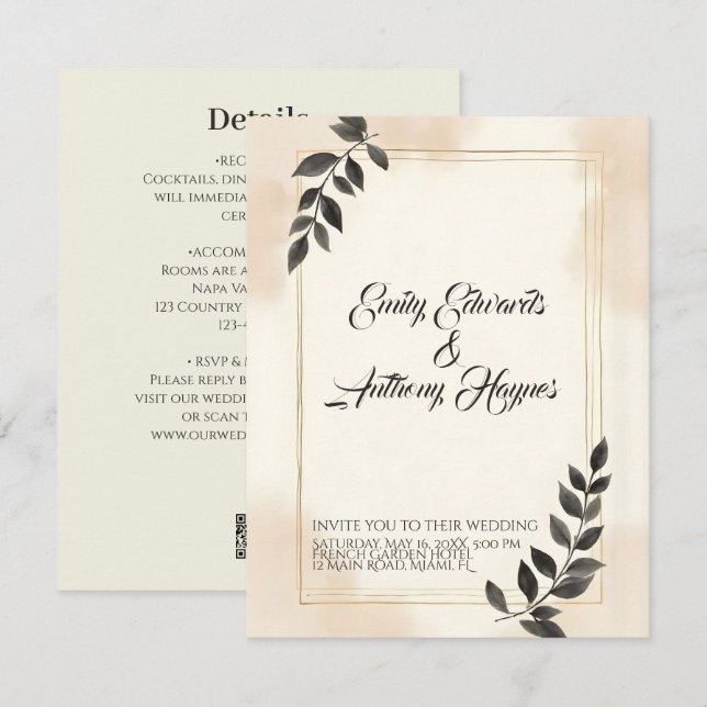 Elegant Dark Green Leaf Wedding Invitation (Front/Back)