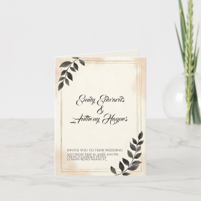 Elegant Dark Green Leaf Wedding Invitation (Front)