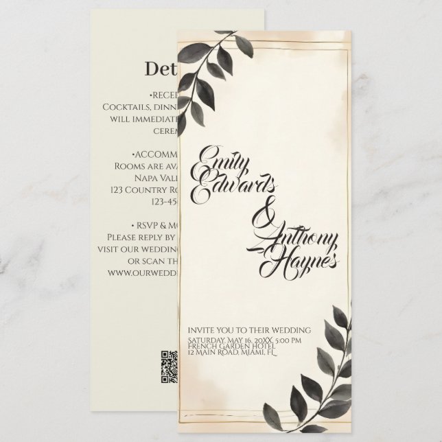 Elegant Dark Green Leaf Wedding Invitation (Front/Back)