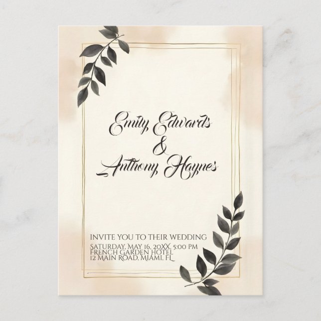Elegant Dark Green Leaf Wedding Invitation Postcard (Front)