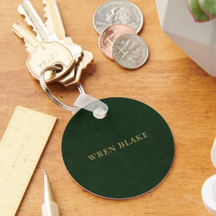 Elegant Dark Green Leather & Gold Typography Name Key Ring