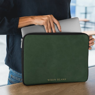 Elegant Dark Green Leather & Gold Typography name Laptop Sleeve