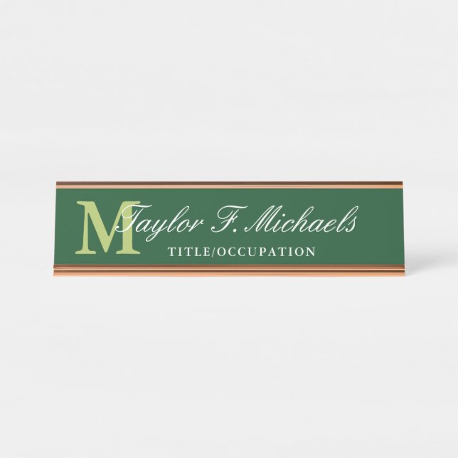 Elegant Dark Green Lime Monogram & Name Desk Name Plate (Front)