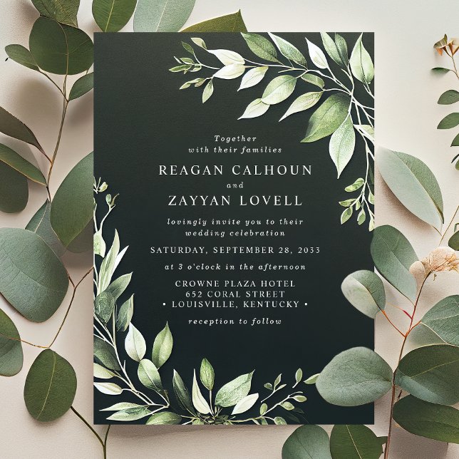 Elegant Dark Green Modern Greenery Leaves Wedding Invitation (Creator Uploaded)