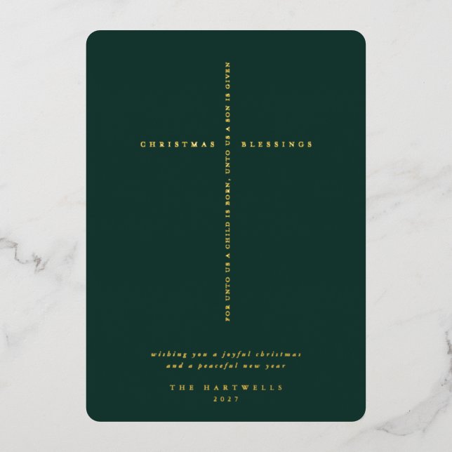 Elegant Dark Green Scripture Cross Foil Holiday Card (Front)