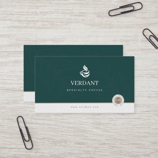 Elegant Dark Green Speciality Coffee business card (Front/Back In Situ)