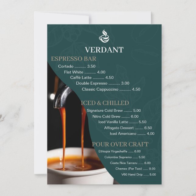 Elegant Dark Green Speciality Coffee Shop Menu Car Invitation (Front)