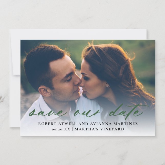 Elegant Dark Green Text Photo Wedding Save The Date (Front)