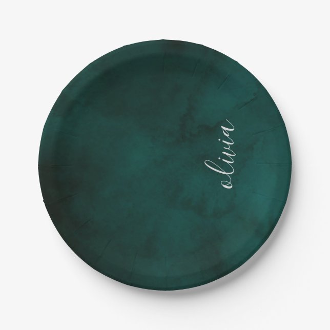 Elegant Dark Green Watercolor Monogram Paper  Paper Plate (Front)
