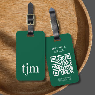 Elegant Dark Green White Bold Monogram QR Code Luggage Tag