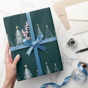 Elegant Dark Green White Christmas Trees Pattern Wrapping Paper